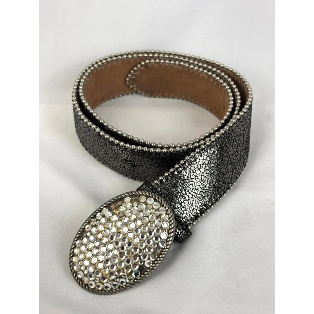 BB Simon‎ Rhinestone Belt Black Leather Crystal Studded Western Glam L
